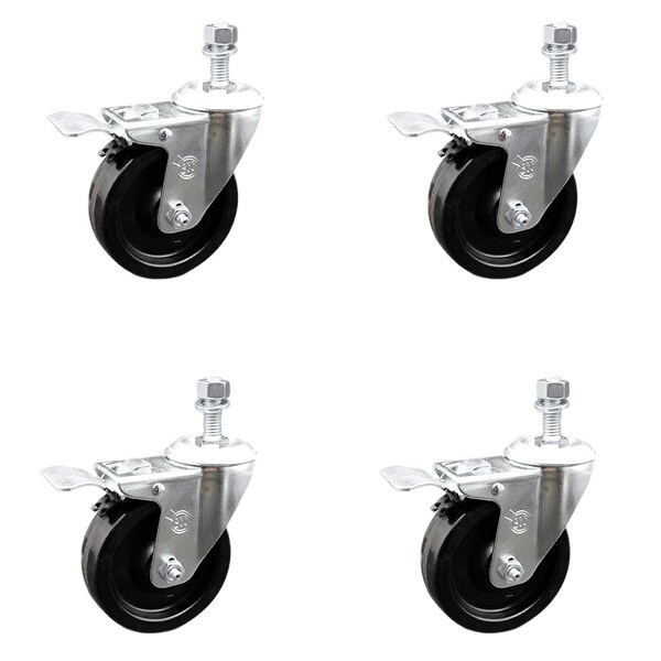 4 Inch SS Phenolic Swivel 10mm Threaded Stem Caster Set Total Lock Brake SCC